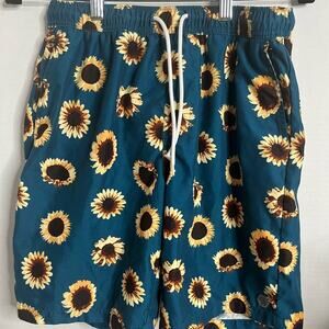 Men’s EMPYRE Sunflower Board Shorts Drawstring Zippered Pockets Teal Small